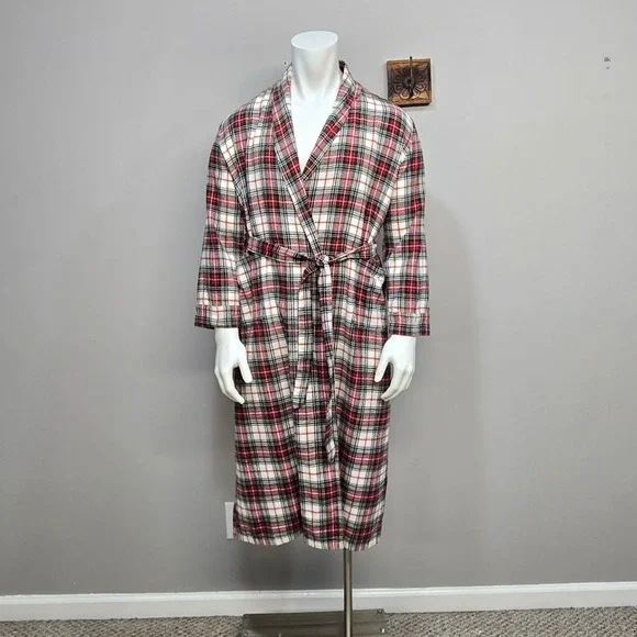 L.L. Bean Flannel Robe‎ Men Medium Red Tartan Plaid Loungewear Cabin Long Modest