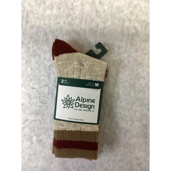 Alpine Design 2PK Ragg Hiker Crew Socks Maroon Brown Orange Mens 4-8 Womens5-10,