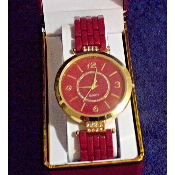 Geneva Maroon & Gold Tone Women's Wristwatch 9