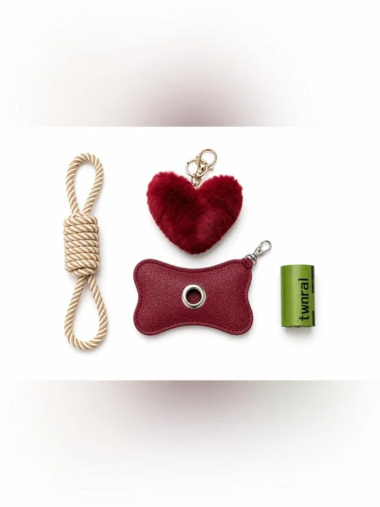 Dog Walking Gift Set | Rope Toy, Poop Bag Holder & Heart Keychain | New