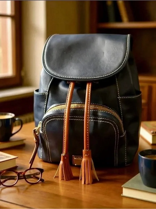 Dooney & Bourke Navy Blue Florentine Leather Medium Murphy Backpack.