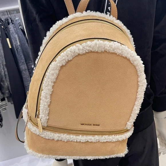 MICHAEL KORS Rhea Medium Suede and Faux Shearling Backpack Peanut  NWT