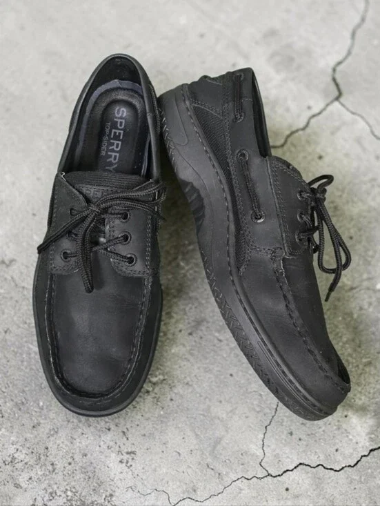 Sperry Mens Billfish Genuine Leather 3 Eye Boat Shoe Black On Black Size 9