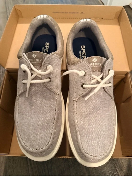 Sperry Light Gray Canvas Boat Shoes with White Laces