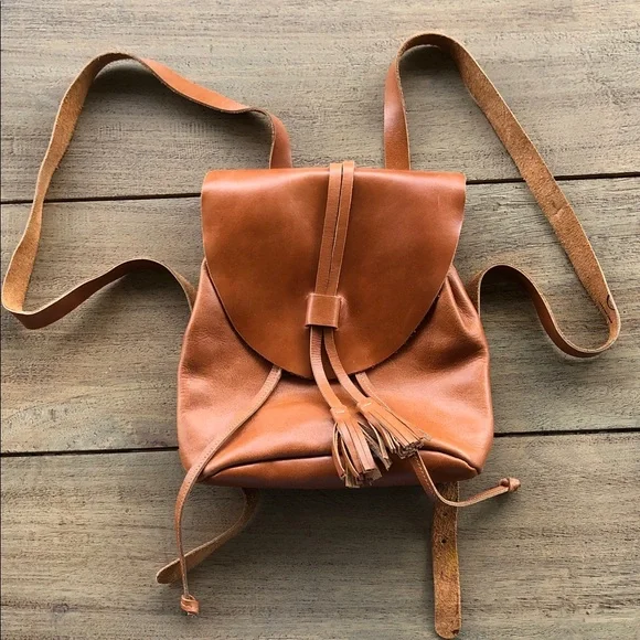 Leather Tassel Drawstring Backpack - Brown