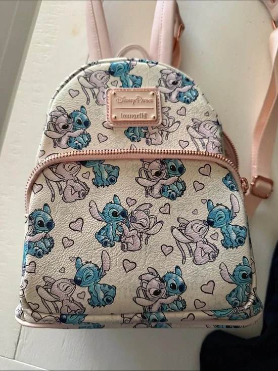 Loungefly Cream Mini Backpack with Blue & Pink Stitch Print