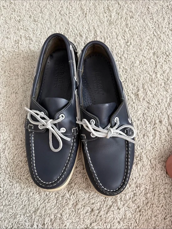 Sebago Navy Leather Boat Shoes with White Laces