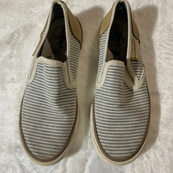 Tommy Bahama: Blue and White Striped Canvas Slip on Boat Shoes; Womens Size 7.5