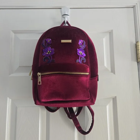 Elegant Aldo Velvet Burgundy Backpack with Floral Embroidery
