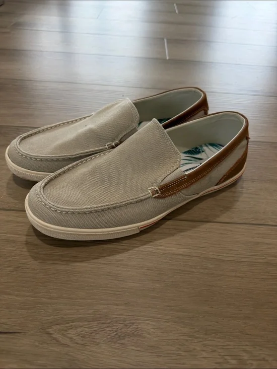 Tommy Bahama Costa Venetian slip-on shoes  canvas upper brown leather accents 10