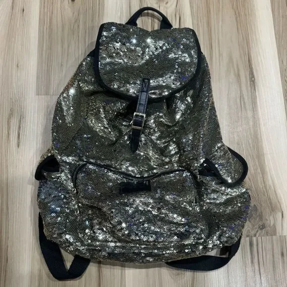 Victoria’s Secret PINK Gold Sequin Drawstring Backpack Large