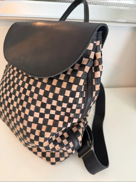 Able Black and Beige Woven Leather Backpack