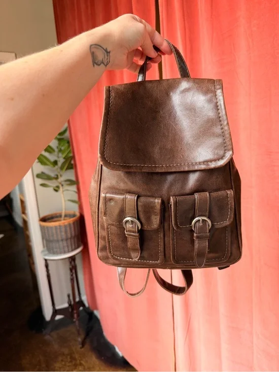 Vintage Nine West Brown Faux Leather Mini Backpack with Front Buckle Pockets