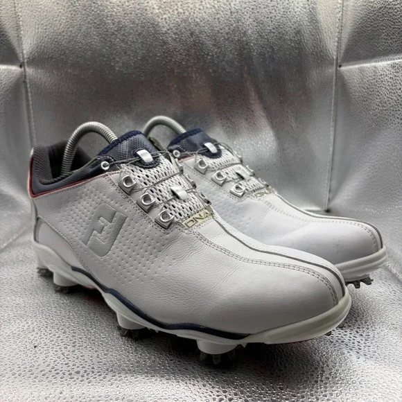 Size 8.5N FootJoy DNA Helix BOA White Navy Mens Comfort Spiked Golf Shoes 53344