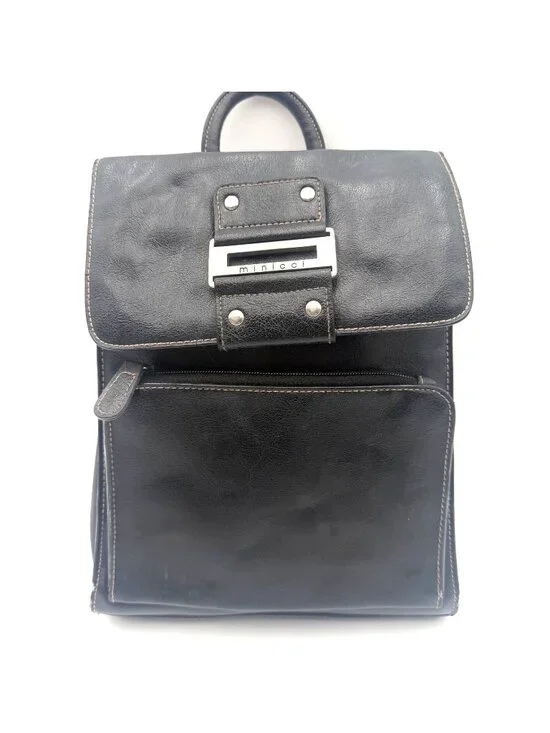 Minicci Black Faux Leather Mini Backpack Purse Silver Buckle Adjustable Straps