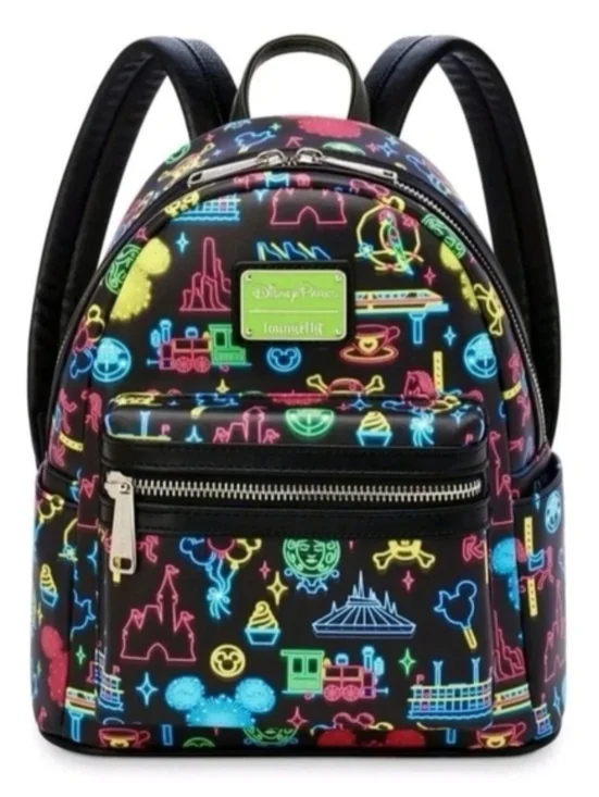 Loungefly Disney Parks Mini Backpack with Neon Multicolor Disney Icons NWOT