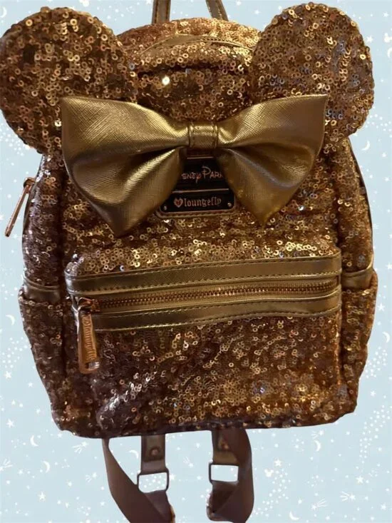 Loungefly Disney Parks Heart Tag Minnie Mouse Rose Gold Sequin Mini Backpack