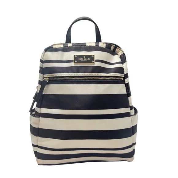 Kate Spade Striped Nylon Backpack Womens Medium Black White Fair Saffiano‎ Trim