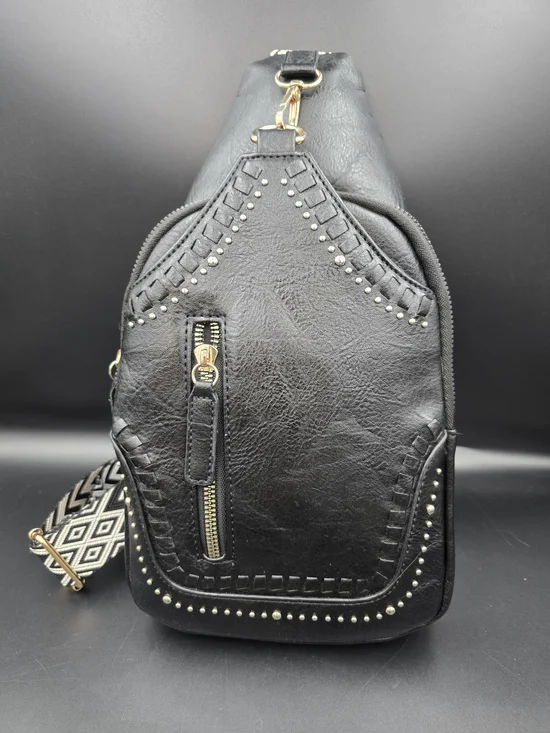 Black Studded Women's Leather Sling Backpack with Patterned Strap