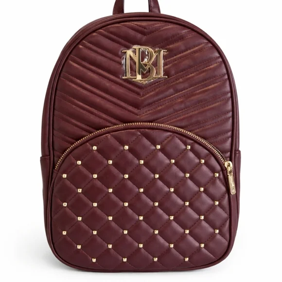 NWT Badgley Mischka Quilted Burgundy Backpack Gold Studded Faux Leather