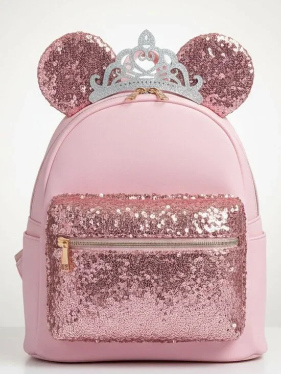 Disney Pink Sequin Mini Backpack with Glitter Ears and Tiara **RARE**