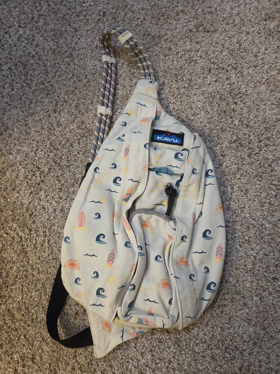 KAVU Canvas Sling Bag in Cream with Beach Print