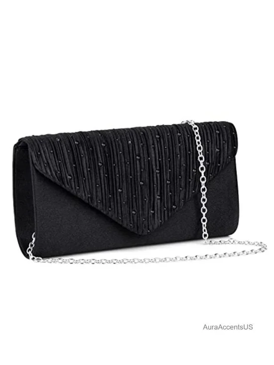 Satin Envelope Evening Clutch with Rhinestone Flap, Detachable Chain, Formal