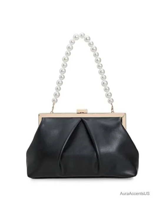 Faux Leather Ruched Metal Frame Clutch Evening Bag with Pearl Strap