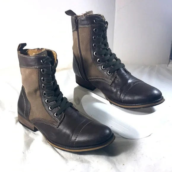 Guess Alfred Men's Brown Leather and Canvas Lace Up Combat Ankle Boots