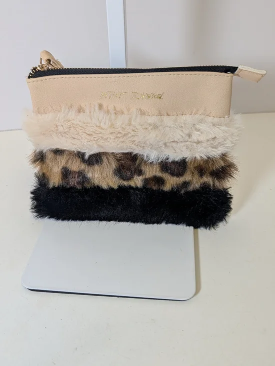 Betsey Johnson Beige, Leopard & Black Faux Fur Stripe Wristlet