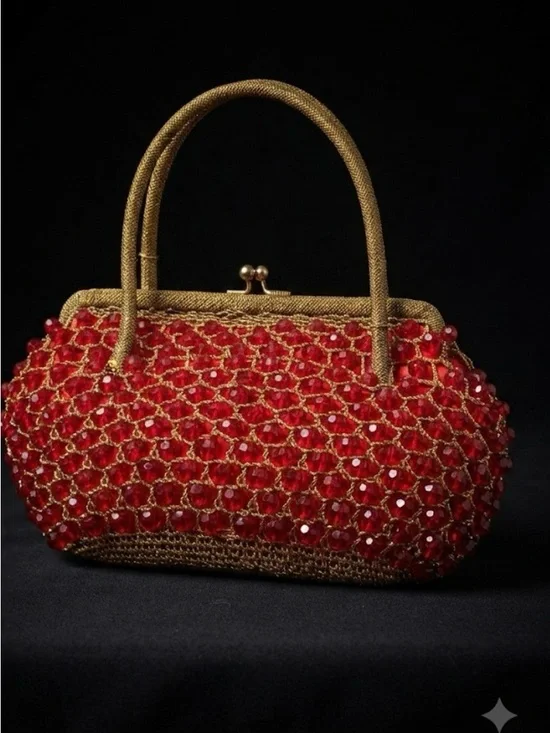 Vintage Red Beaded Evening Handbag with Gold Trim