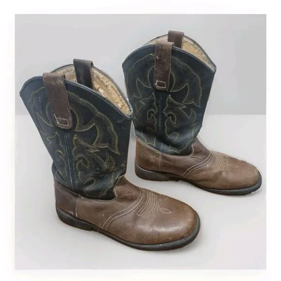 Wrangler Western Cowboy Paisley Brown Leather Work Boots Size 9.5