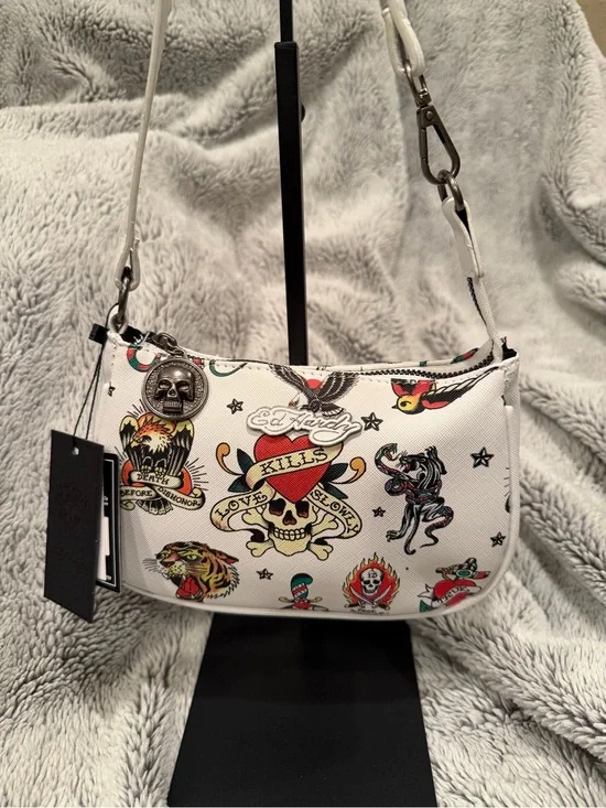 NWT Ed Hardy White Tattoo Print Convertible Mini Shoulder Bag Wristlet