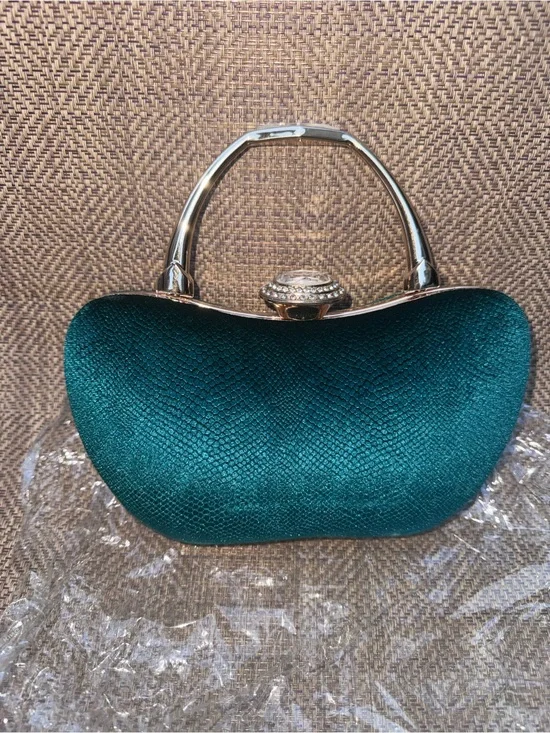 Women's Emerald Green Evening Clutch Handbag with Gold Handle