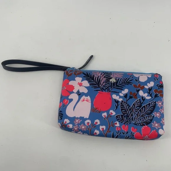 Kate Spade Cat in the Garden Blue Nylon Wristlet Pouch Floral Botanical Pouch