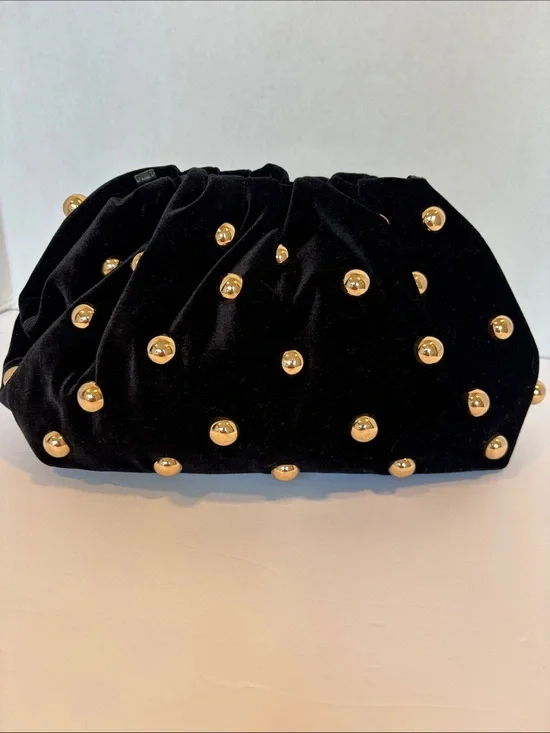 Maeve Black Velvet Studded Clutch with Gold Accents