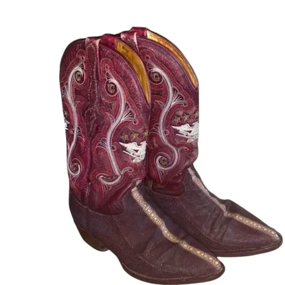 El General cowboy boots, men's 6 burgundy stingray fancy eagle stitching VTG GUC