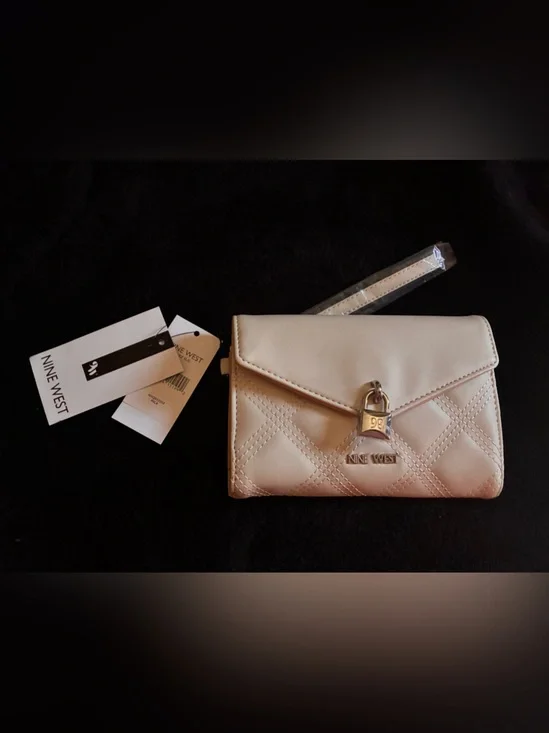 Nine West Cream Quilted Wristlet with Padlock Detail
