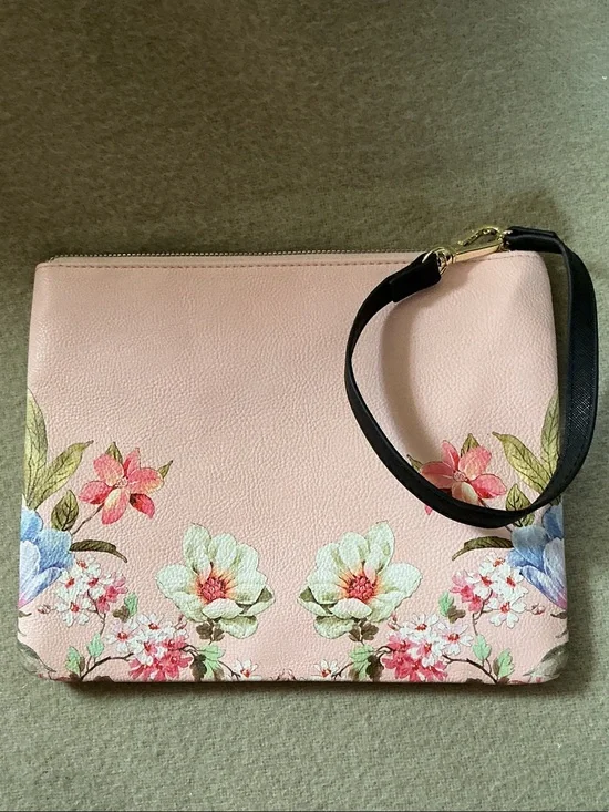 Betsey Johnson Light Pink Floral Wristlet Clutch with Black Strap