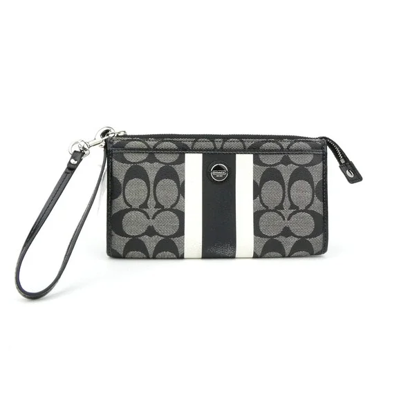 Coach Zippy Signature Stripe Black White PVC Wallet Wristlet F49078