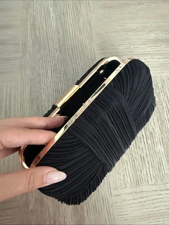 Elegant Black Ruched Evening Clutch with Gold Frame