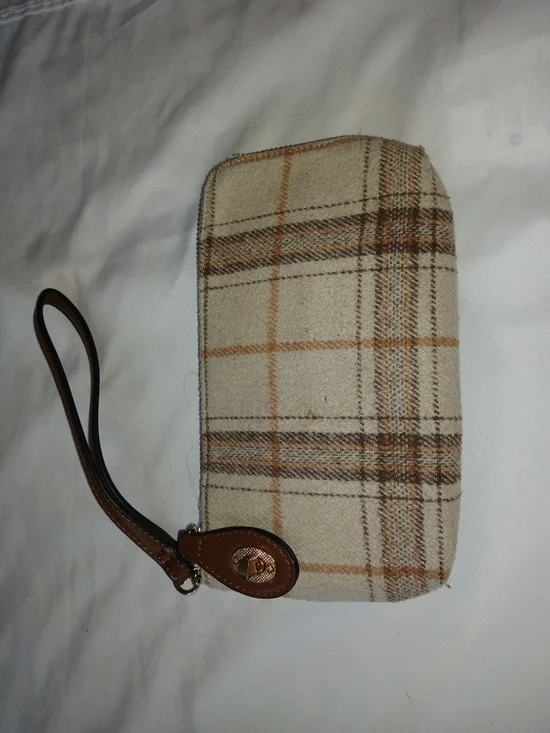 Jean & Co. Plaid Beige/Brown Zip-Around Wristlet Wallet w/ Strap, Credit Card