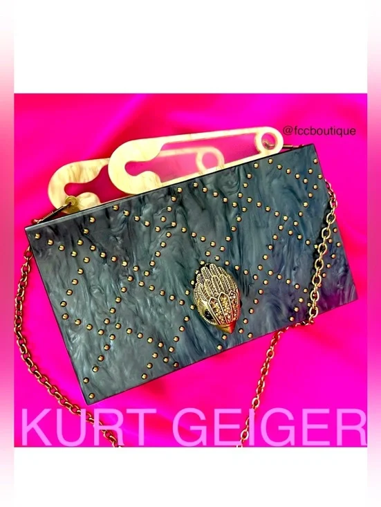 Kurt Geiger Kensington safety pin box clutch on chain gray mother of pearl NWT