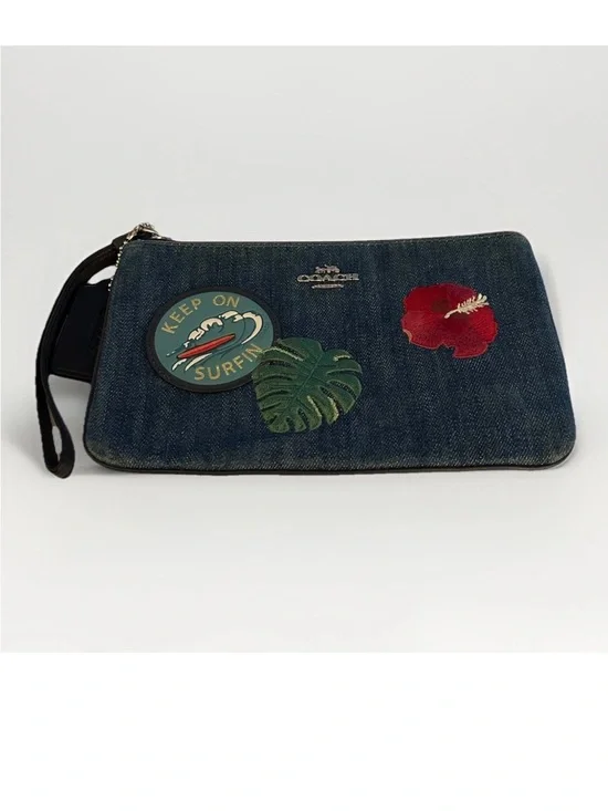 Coach Large Wristlet, Blue Denim, Hawaii Embroidered Patches, Ltd. Edition NWOT