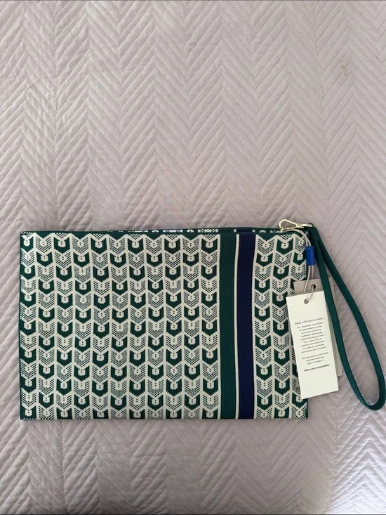 NWT Rothy's Green and Cream Patterned Zip Clutch with Navy Stripe