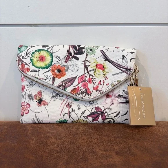 Francesca's Romantic Floral Envelope Clutch Bag Gold Chic Elegant Cottagecore