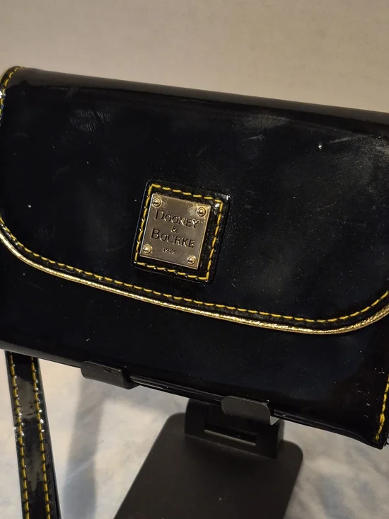 Dooney & Bourke Black Patent Crossbody with Yellow Stitching