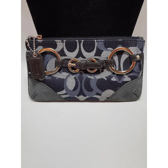 Coach Signature Jacquard Wristlet Blue Grey Monogram Buckle Detail Pouch