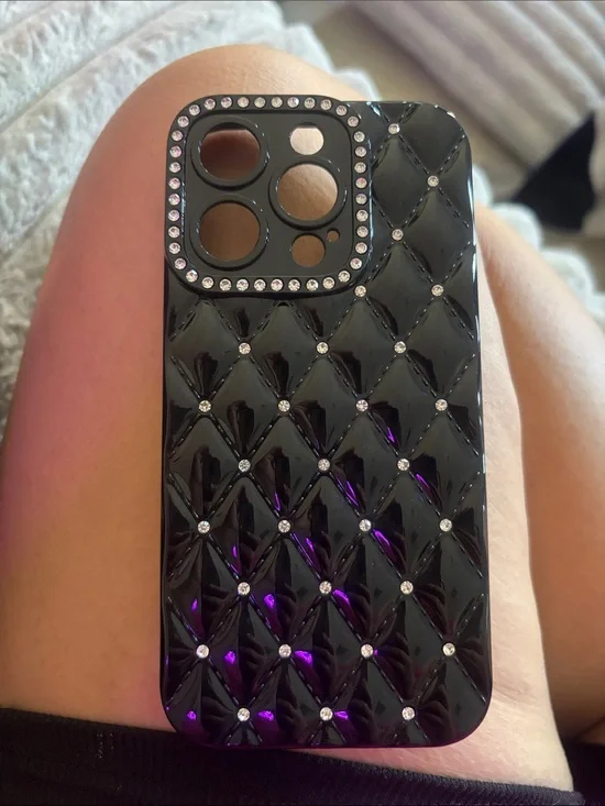 iPhone 15 Pro Black Quilted Rhinestone Phone Case - Fashion Protective Cover