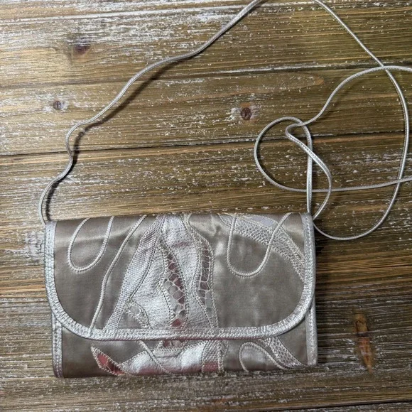 Carlos Falchi Vintage Metallic Silver Leather Satin Patchwork Crossbody Clutch